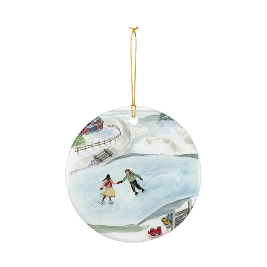 Christmas Day Skate Date Watercolor Ceramic Ornament